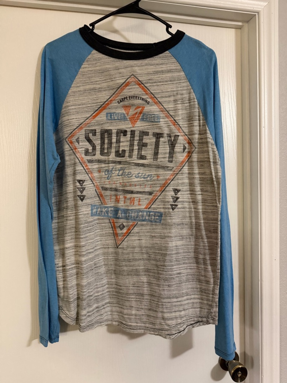 Society Striped Heather Raglan Tee - Light Blue & Heather Gray